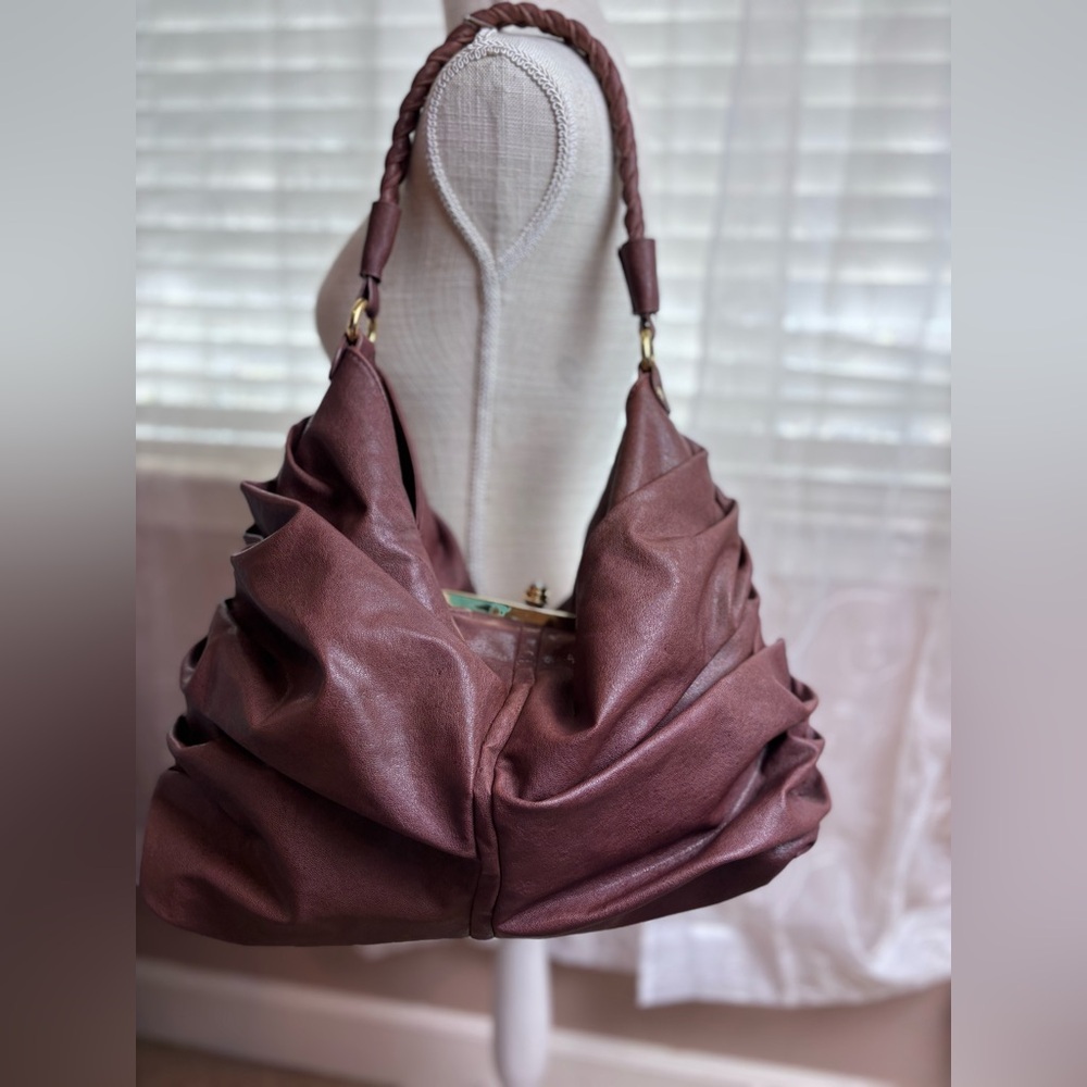 Brown Faux Leather Large Hobo Bag w/Gold Tone Hardware